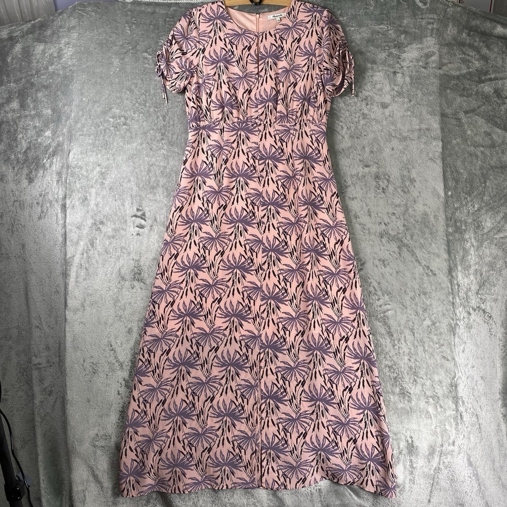 Madewell Dress Womens Sz 4 Pink Floral Silk Tie Sleeve Maxi Keyhole Boho Cottage